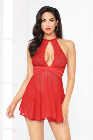 Lace And Mesh Babydoll With High Neck - STM10867