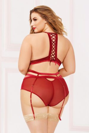 Three Piece Bra Set.  Mesh High Neck Bra With Applique Detail, Garter Belt, And Panty - STM10881X