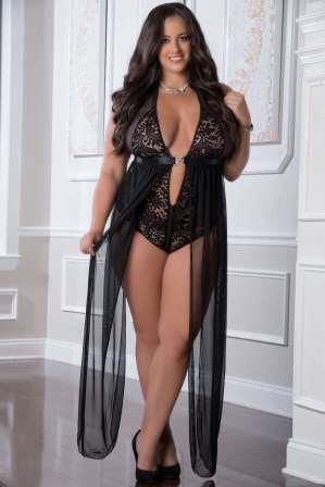1Pc Zipper Crotch Teddy Gown   - GWD2098PQ