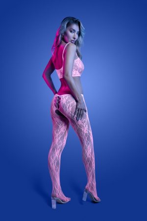 Fantasy Lingerie - EQUILIBRIUM Glow-in-the-dark lace knit crotchless bodystocking; glows pink - FL-GL2549